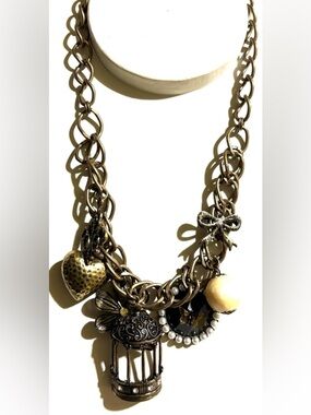 Chunky Gold-Tone Charm Necklace with Pearly & antique Accents